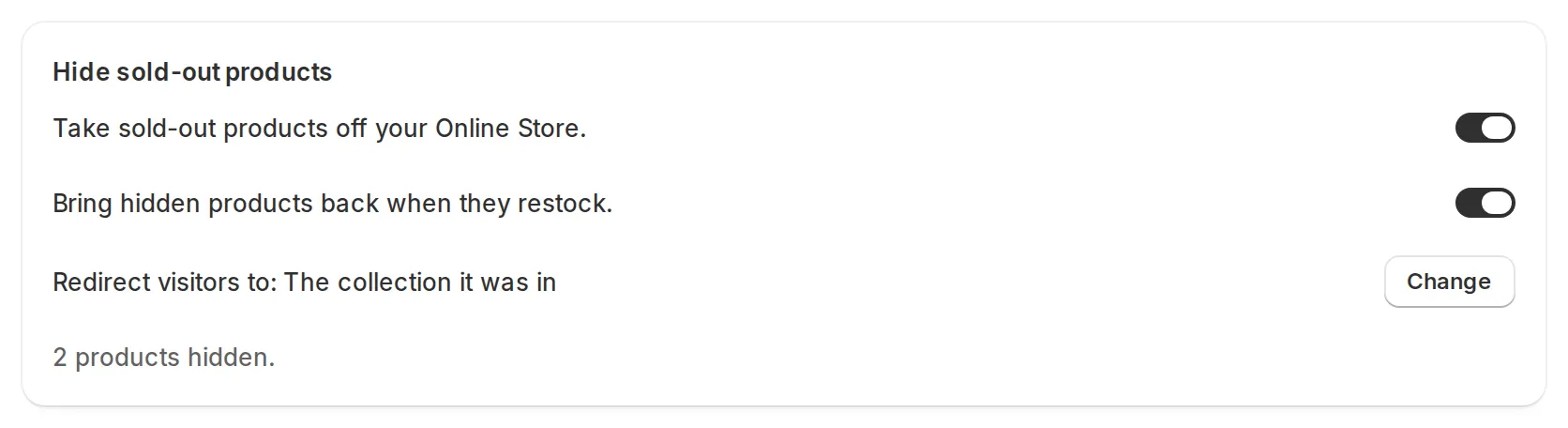 The Hide sold-out products card on the Sold-out handling page