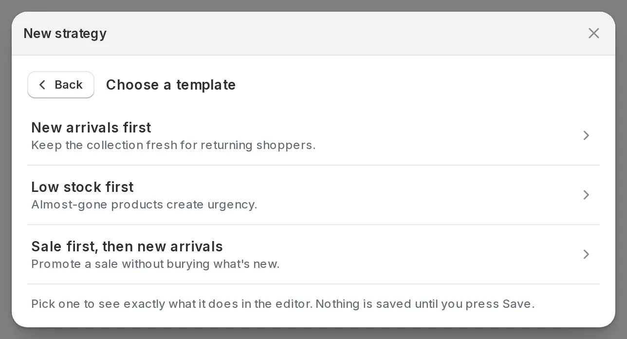The New strategy dialog listing the templates with their descriptions