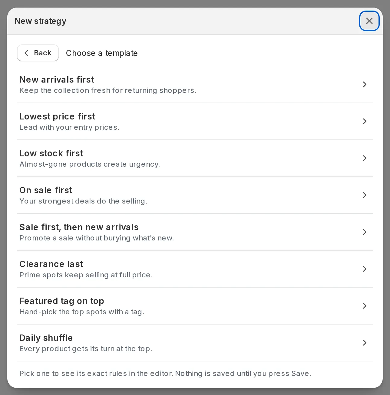 The New strategy dialog listing the templates with their descriptions