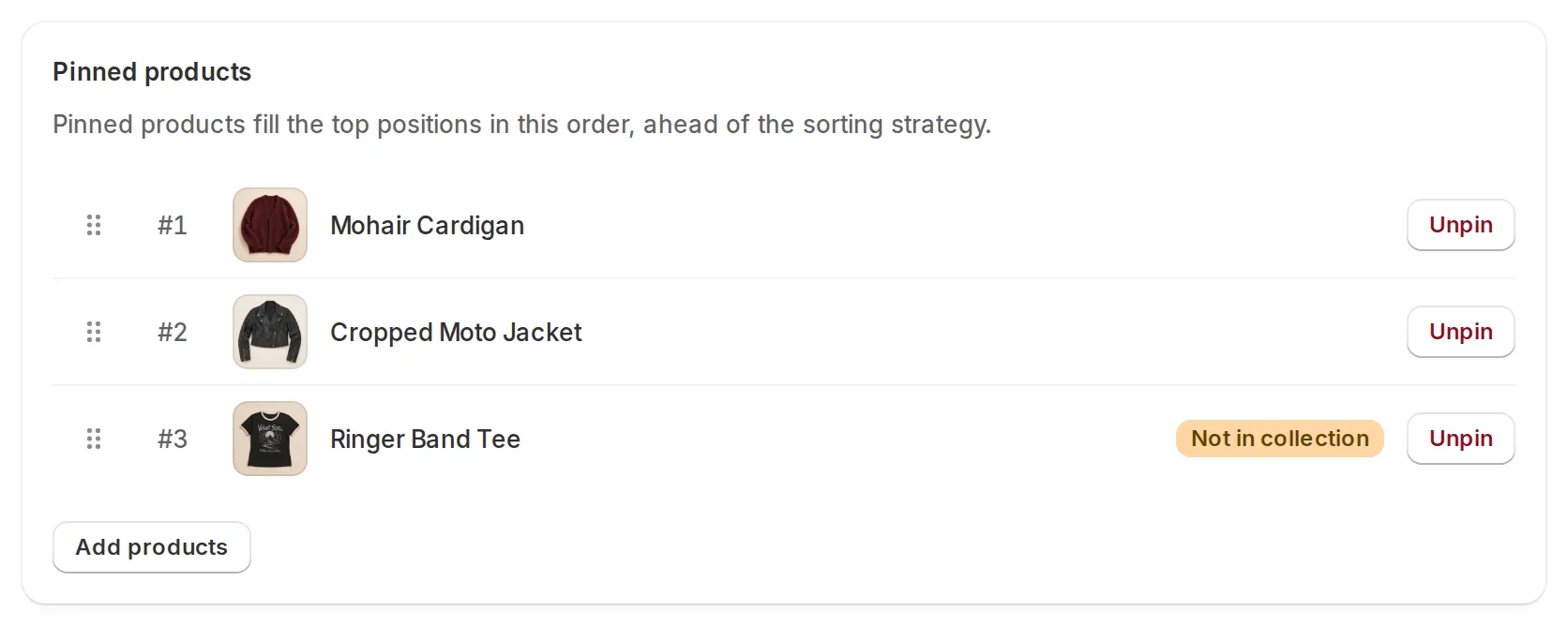 Pinned products section with thumbnails, drag handles, and position numbers