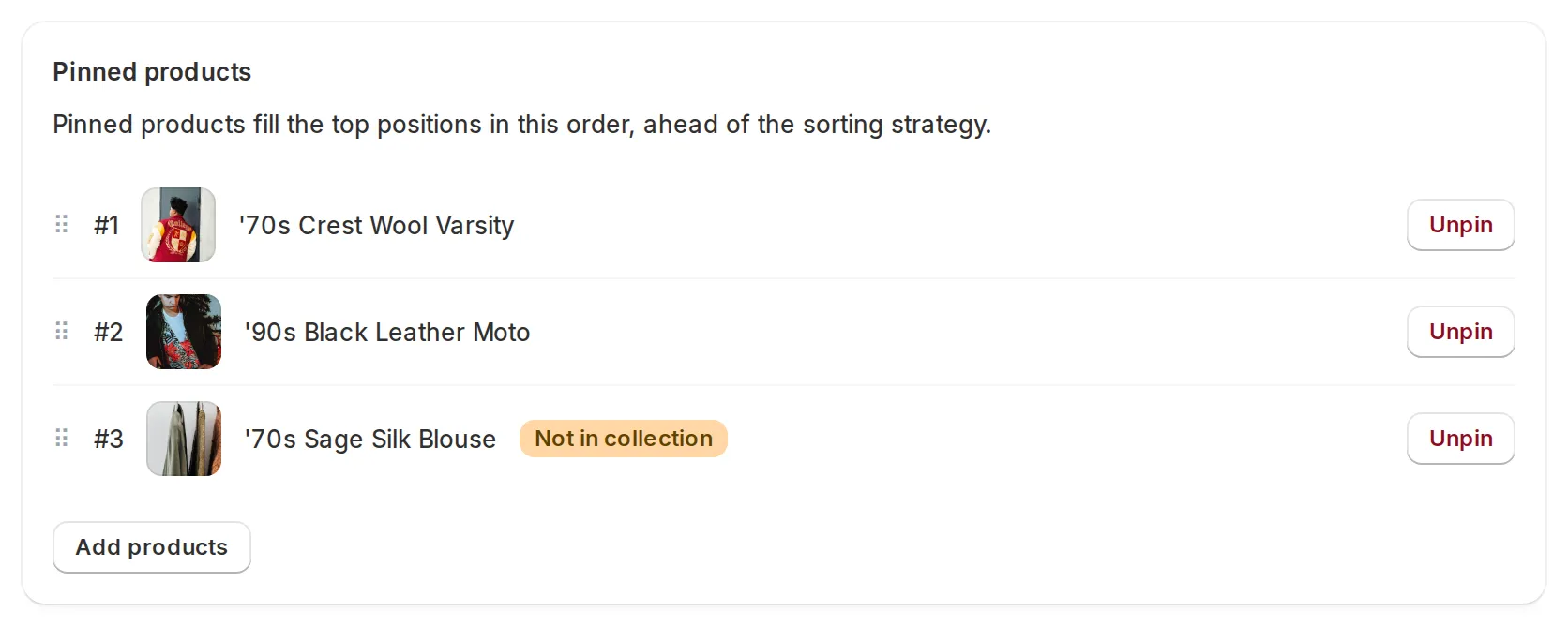 Pinned products section with thumbnails, drag handles, and position numbers