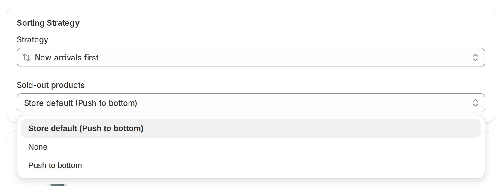 Sold-out products dropdown open on a collection, showing Store default (Push to bottom), None, and Push to bottom