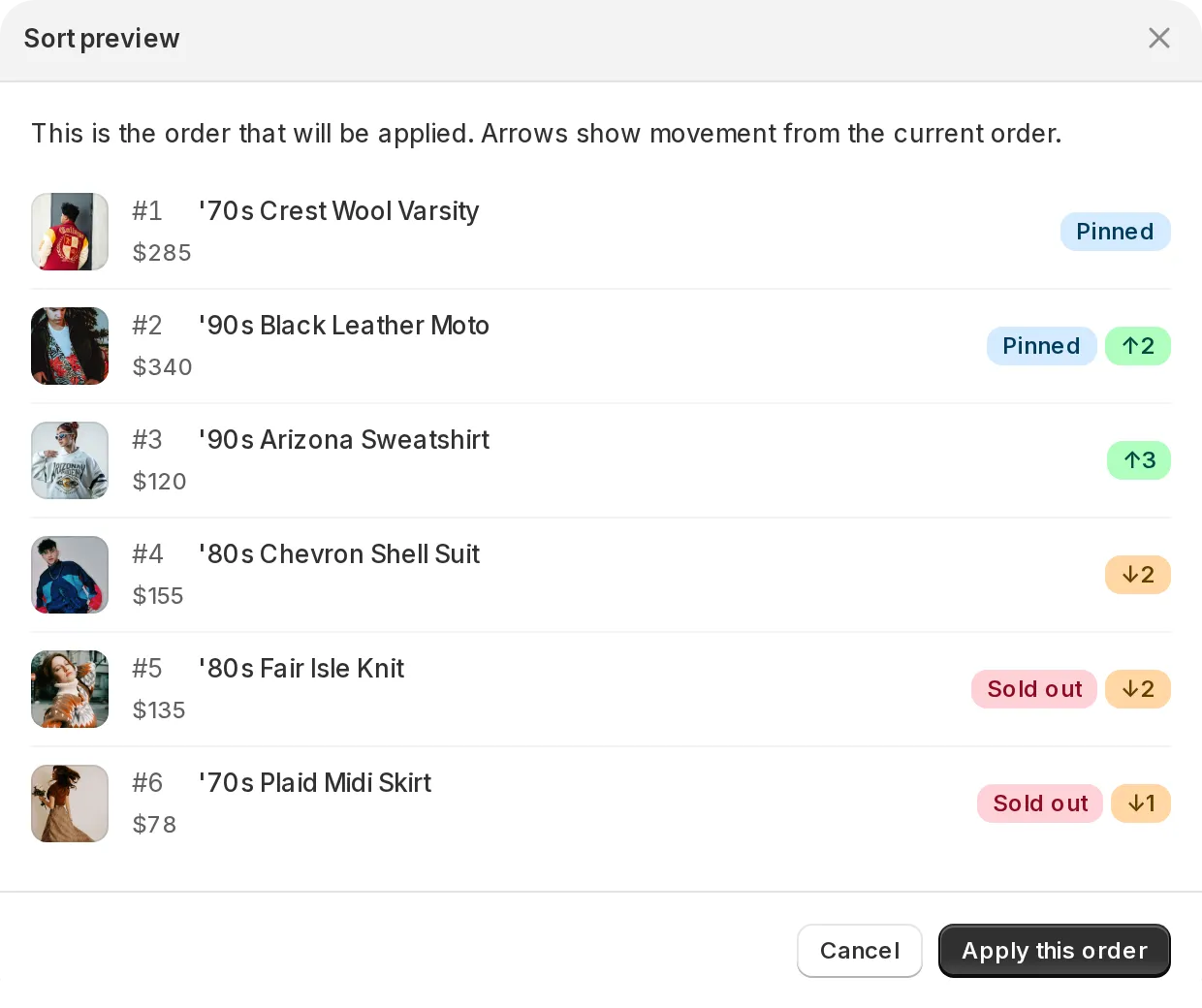 Sort preview dialog showing the proposed order with movement arrows and Pinned and Sold out badges