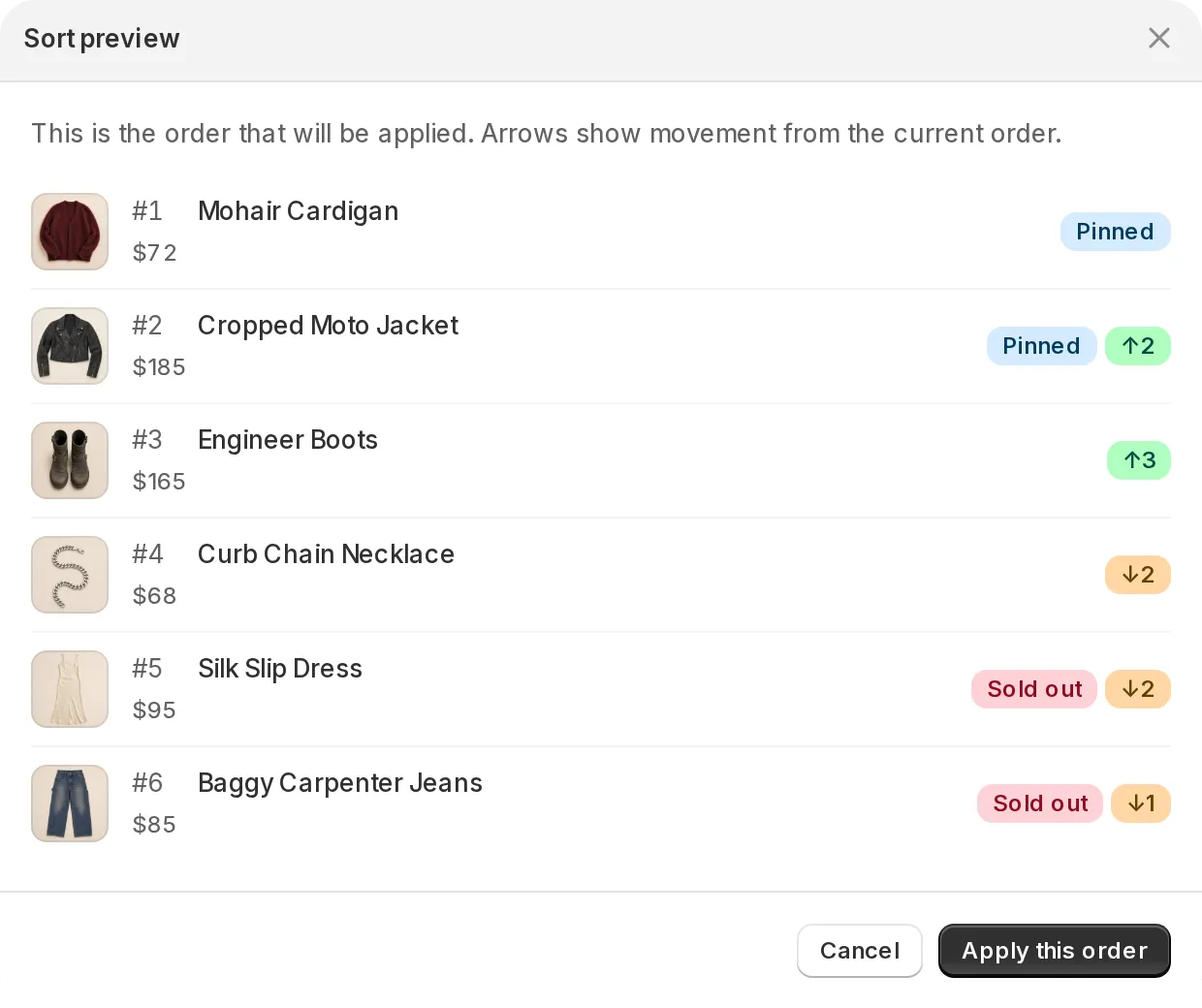 Sort preview dialog showing the proposed order with movement arrows and Pinned and Sold out badges