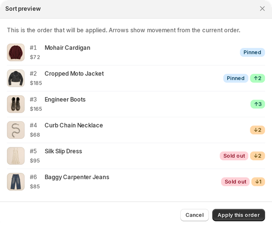 Siftori's sort preview showing a collection's proposed order, with arrows for how far each product moves and Pinned and Sold out badges