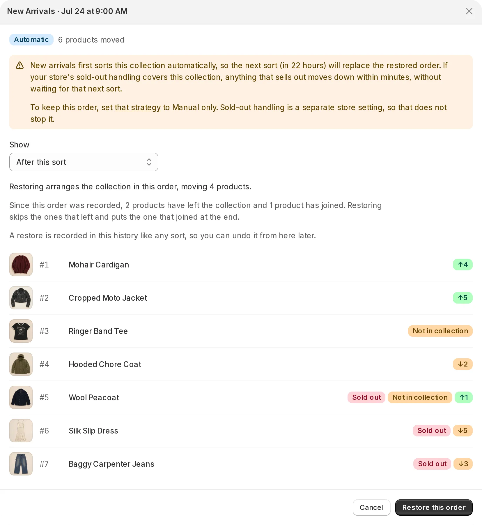Run dialog showing the order after a sort, with movement arrows, badges, and the restore explanation