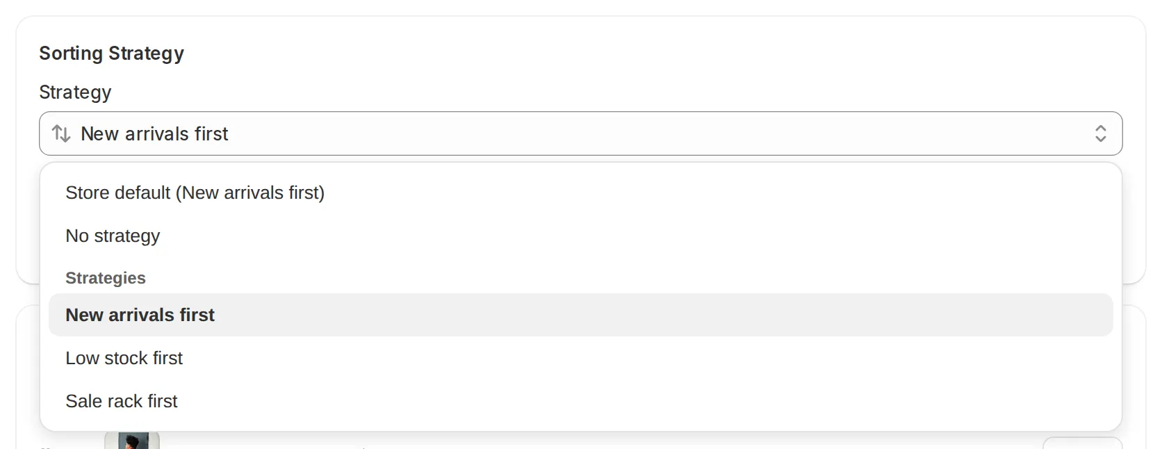 Strategy dropdown open on a collection, showing the Store default option and the Strategies group