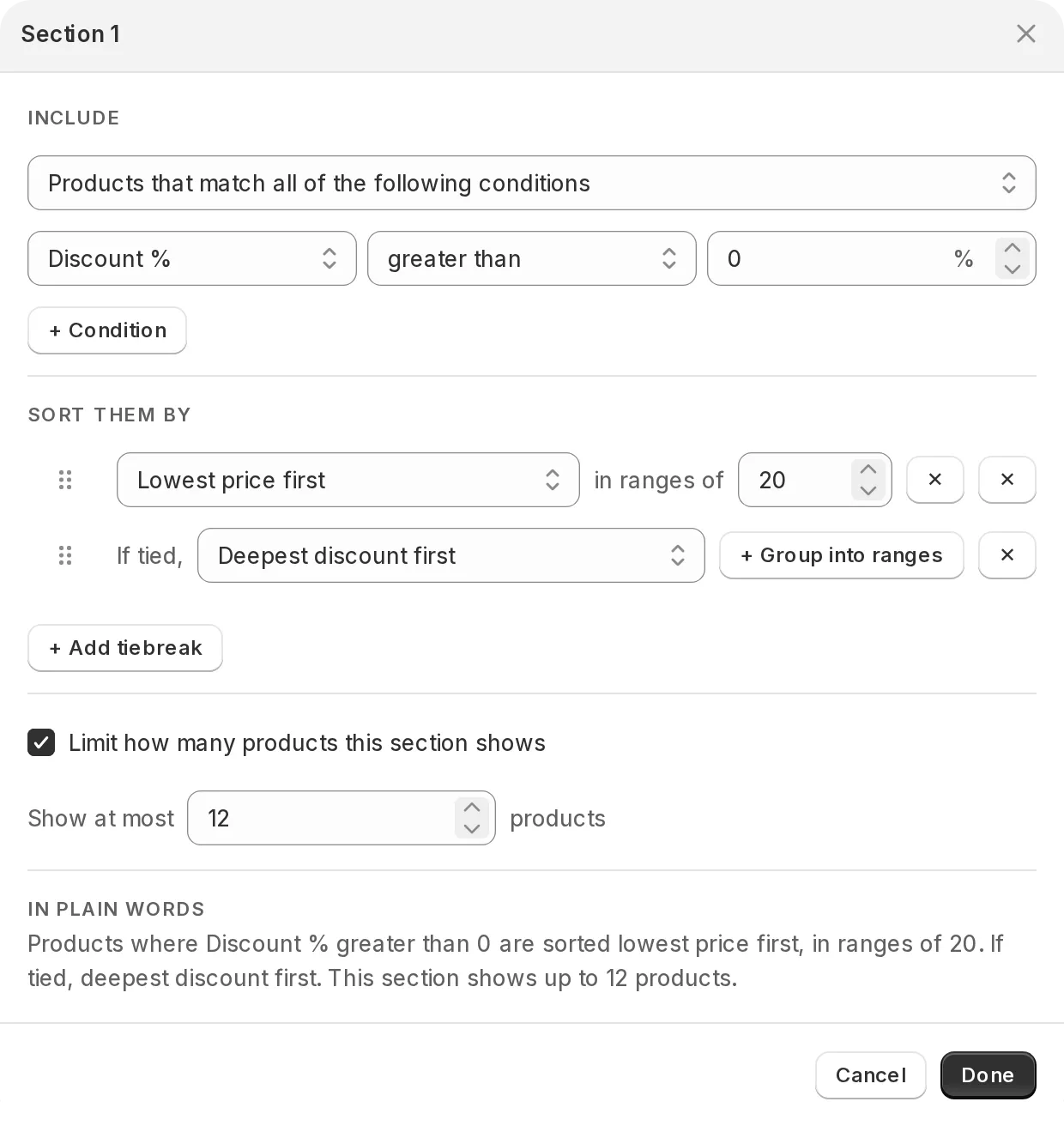 The Section 1 panel open in the strategy builder, with its condition, sort order with a tiebreak and ranges, limit, and In plain words summary