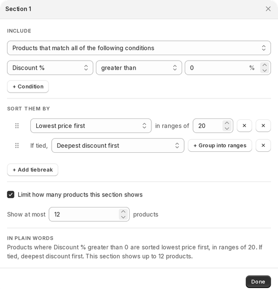 A section in Siftori's strategy editor: products where Discount % is greater than 0, sorted lowest price first
