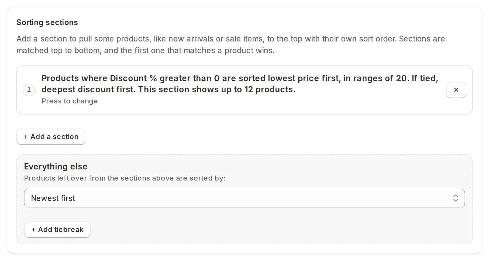 The Sorting sections list with one section, the Add a section button, and the Everything else sort order